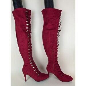 Journee Collection Trill Over The Knee Boots Womens 7.5 Red Lace Up Shoes NWB